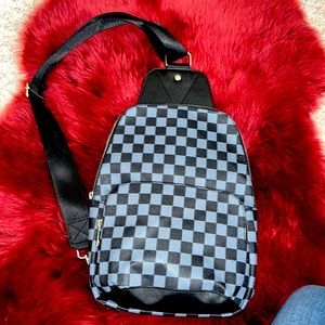 NEW Grey Black Sling Crossbody Purse Checkered Backpack Bag faux leather